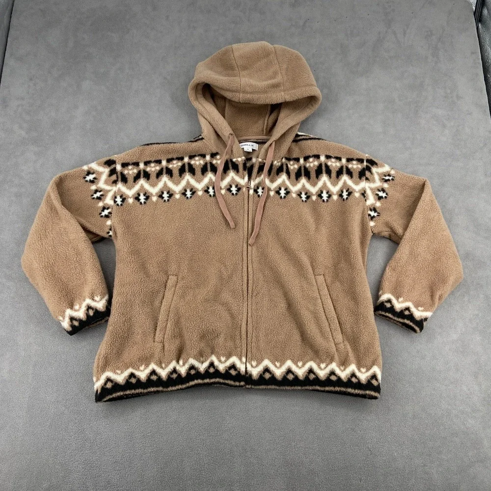 ONeill‎ Womens Tan Fair Isle Fleece Full Zip Hoodie Y2K Sherpa Jacket Medium